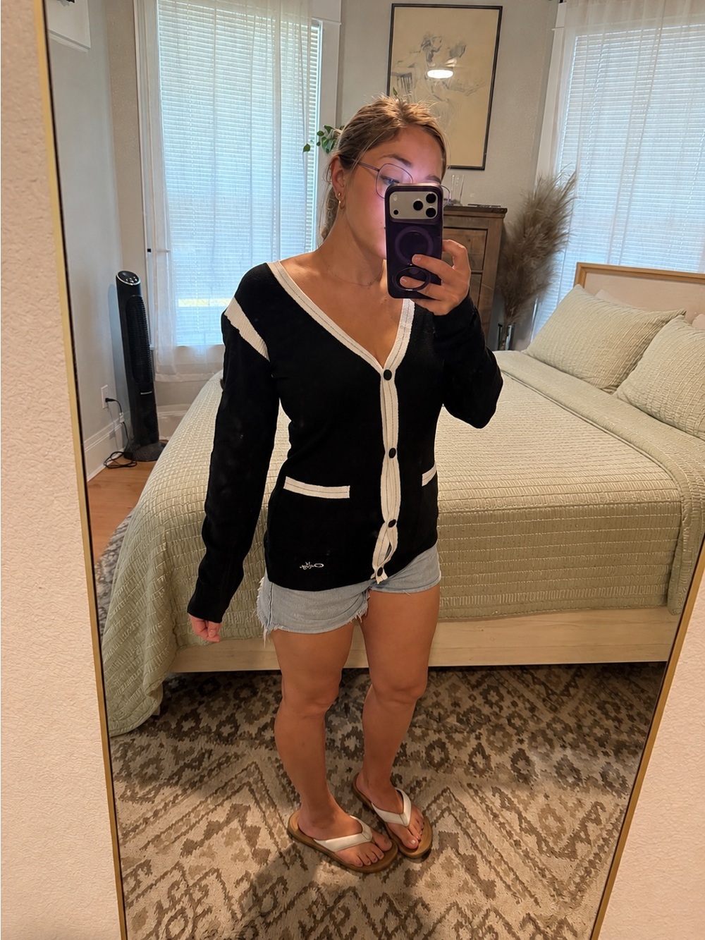 Oakley Black White Contrast Trim Button Front Cardigan Sweater Women’s Small